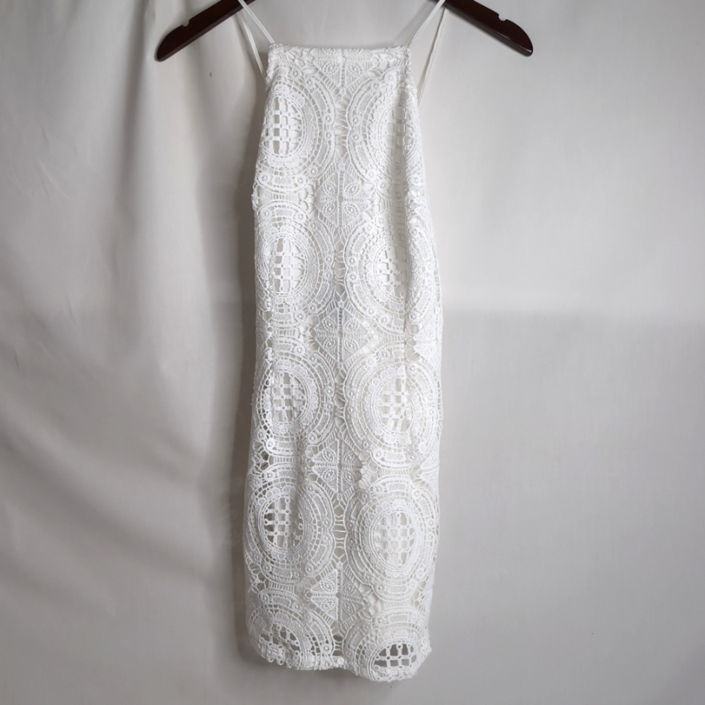 F21 White Crochet Halter Neck Dress with Criss Cross Back, Size S